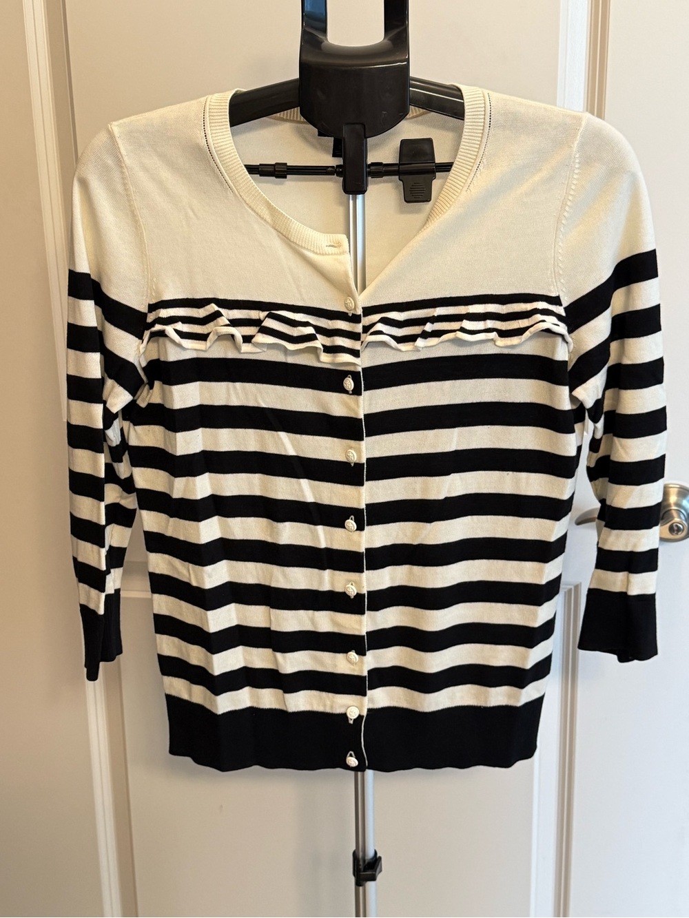 Talbots Black and White Striped Ruffle-Trim Cardigan
